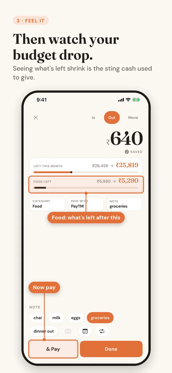 The same entry with the Food budget shown dropping from ₹5,930 to ₹5,290, and the & Pay button.